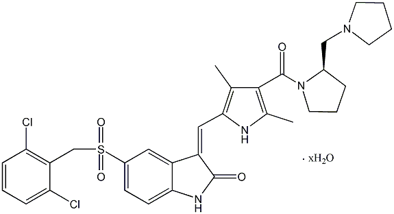 PI-38820 (3Z)-5-[[(2,6-Dichlorophenyl)methyl]sulfonyl]-3-[[3,5-dimethyl-4-[[(2R)-2-(1-pyrrolidinylmethyl)-1-pyrrolidinyl]carbonyl]-1H-pyrrol-2-yl]methylene]-1,3-dihydro-2H-indol-2-one (477575-56-7)