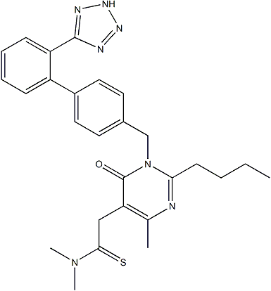 PI-46430 2-(1-((2'-(2H-Tetrazol-5-yl)-[1,1'-biphenyl]-4-yl)methyl)-2-butyl-4-methyl-6-oxo-1,6-dihydropyrimidin-5-yl)-N,N-dimethylethanethioamide (247257-48-3)