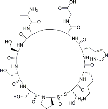 PI-49596 2-[[(3S,6S,9R,12R,17R,20S,23S,26S,29S)-23-(4-Aminobutyl)-12-[[(2S)-2-aminopropanoyl]amino]-3,6,9,26-tetrakis(hydroxymethyl)-20-(1H-imidazol-5-ylmethyl)-2,5,8,11,19,22,25,28-octaoxo-27,28lambda4-dithia-1,4,7,10,18,21,24-heptazabicyclo[27.3.0]dotr (888486-23-5)