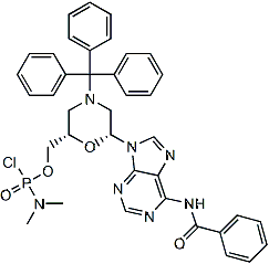 PI-52434 ((2S,6R)-6-(6-benzamido-9H-purin-9-yl)-4-tritylmorpholin-2-yl)methyl dimethylphosphoramidochloridate (956139-18-7)
